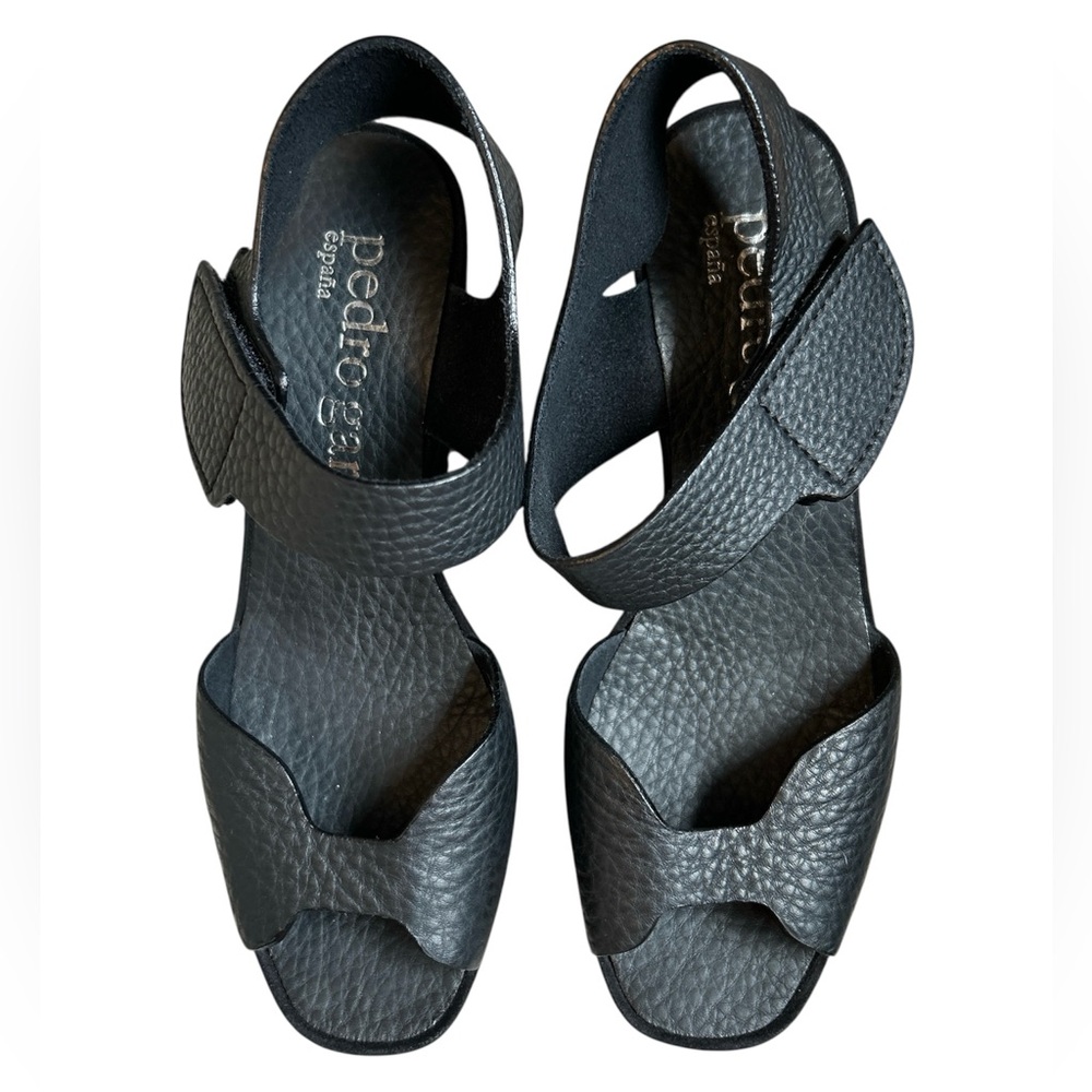 Pedro Garcia Black Fama Wedge Sandals with Velcro Straps 38|8